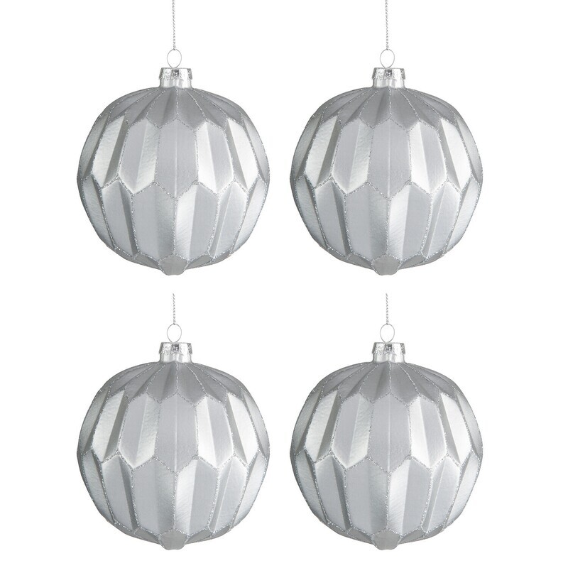 Box Of 4 Bauble Surface Glitter Silver Glass Mat Silver Medium 10Cm
