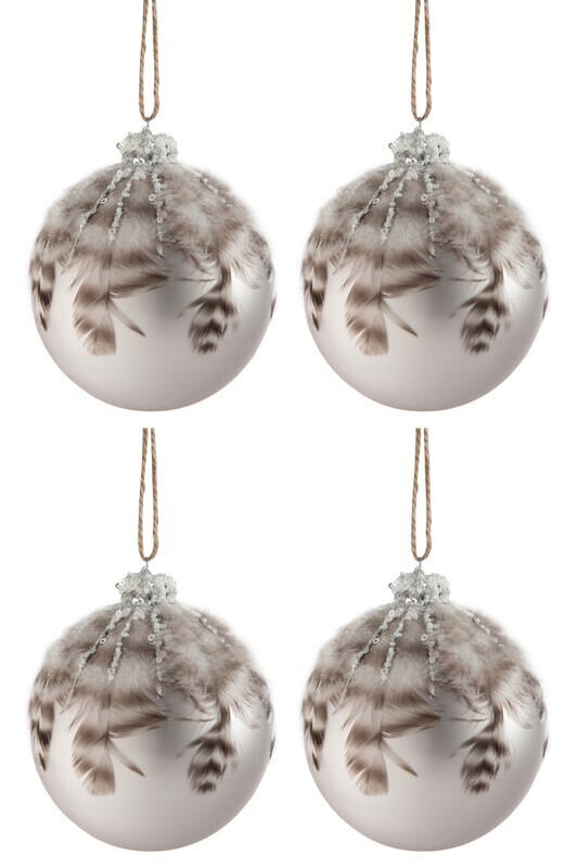 Box Of 4 Christmas Ball Feathers Glass Matte Grey Large