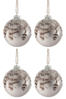 Box Of 4 Christmas Ball Feathers Glass Matte Grey Large