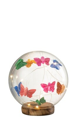 Bell Jar Ball Led Butterflies Glass/Wood Mix Large