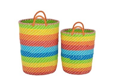 Set Of 2 Basket High Rainbow Stripes+Handles Mix