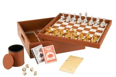 Box Card Game/Chess Game Fake Leather Cognac