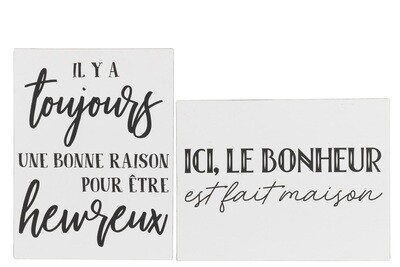 Placard Texts French Heureux Bonheur Metal White/Black Assortment Of 2