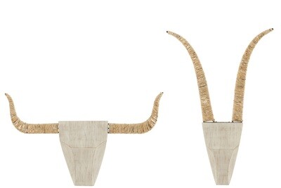 Set Of Two Wall Decoration Bull Fir Wood/Reed White/Natural