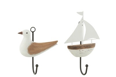 Coatrack Bird+Boat Paulownia Wood/Metal Natural/White Assortment Of 2