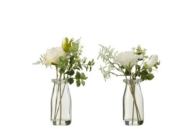 Bouquet Roses/Eustoma In Vase+Artificial Water Plastic Green/White Small Assortment Of 2