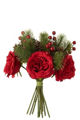 Bouquet Rose/Berries/Pine Branch Plastic Red/Green Large