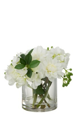 Dahlia Hydrangea In Vase Plastic Glass White