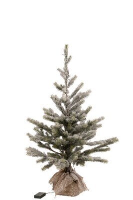 Christmas Tree Snowy+Led+Battery In Pot Jute Plastic Green Large