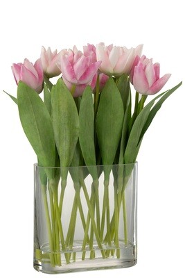 Tulips In Vase Oval Plastic Glass Pink