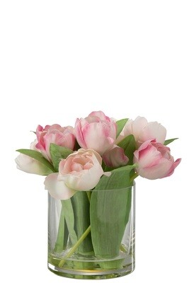 Tulips In Vase Round Plastic Glass Pink Large