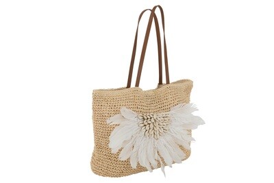 Beach Bag With Shells/Feathers Paper Natural/White