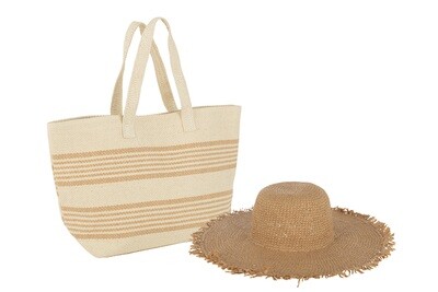 Set Of 2 Beach Bag Stripes + Hat Paper Beige/Light Brown