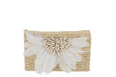 Clutch Bag With Shells/Feathers Paper Natural/White