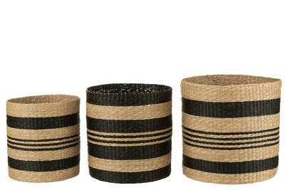 Set 3 Baskets Striped Seagrass Black