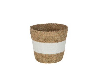 Basket Round With Stripe+ Handle Reed Natural/White
