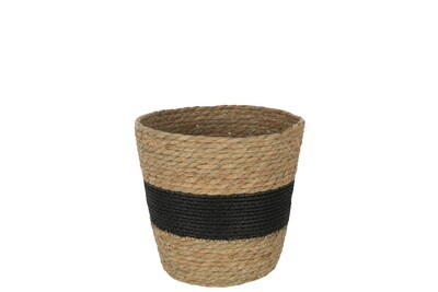 Basket Round With Stripe+ Handle Reed Natural/Black