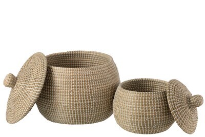 Set Of 2 Baskets + Lid Seagrass Natural/White