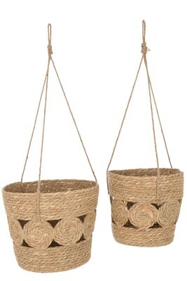 Set Of 2 Basket Round Hanging With Motive Reed Natural