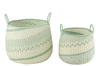 Set Of 2 Basket+Handles Seagrass Beige/Green