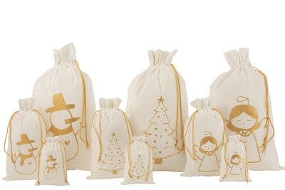 Bag Christmas Angel/Christmas Tree/Snowman Velvet White/Gold Large Assortment Of 3