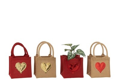 Bag Heart Sequin Jute Natural/Red Assortment Of 4