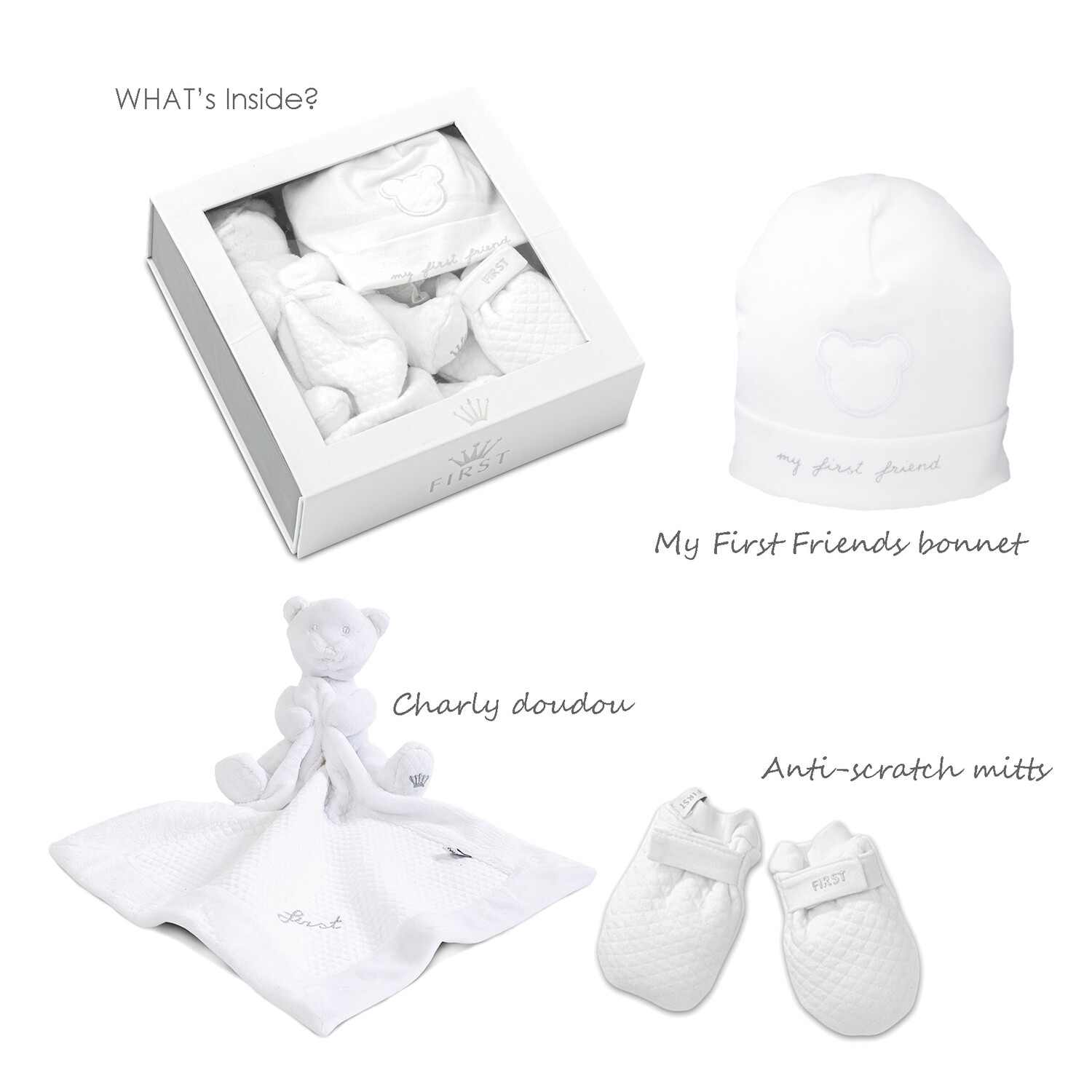 First gift set bonnet/mitten/doudou