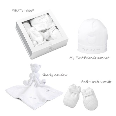 First gift set bonnet/mitten/doudou