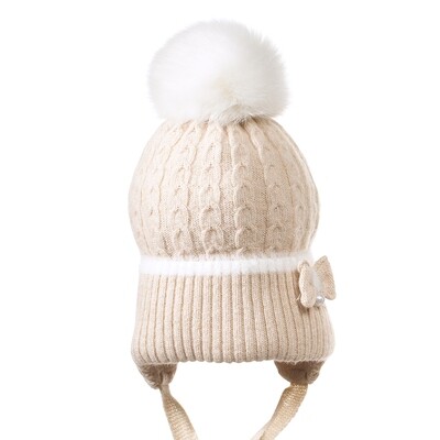 My First Collection MICA knitted bonnet fur ponpon & bow - Beige