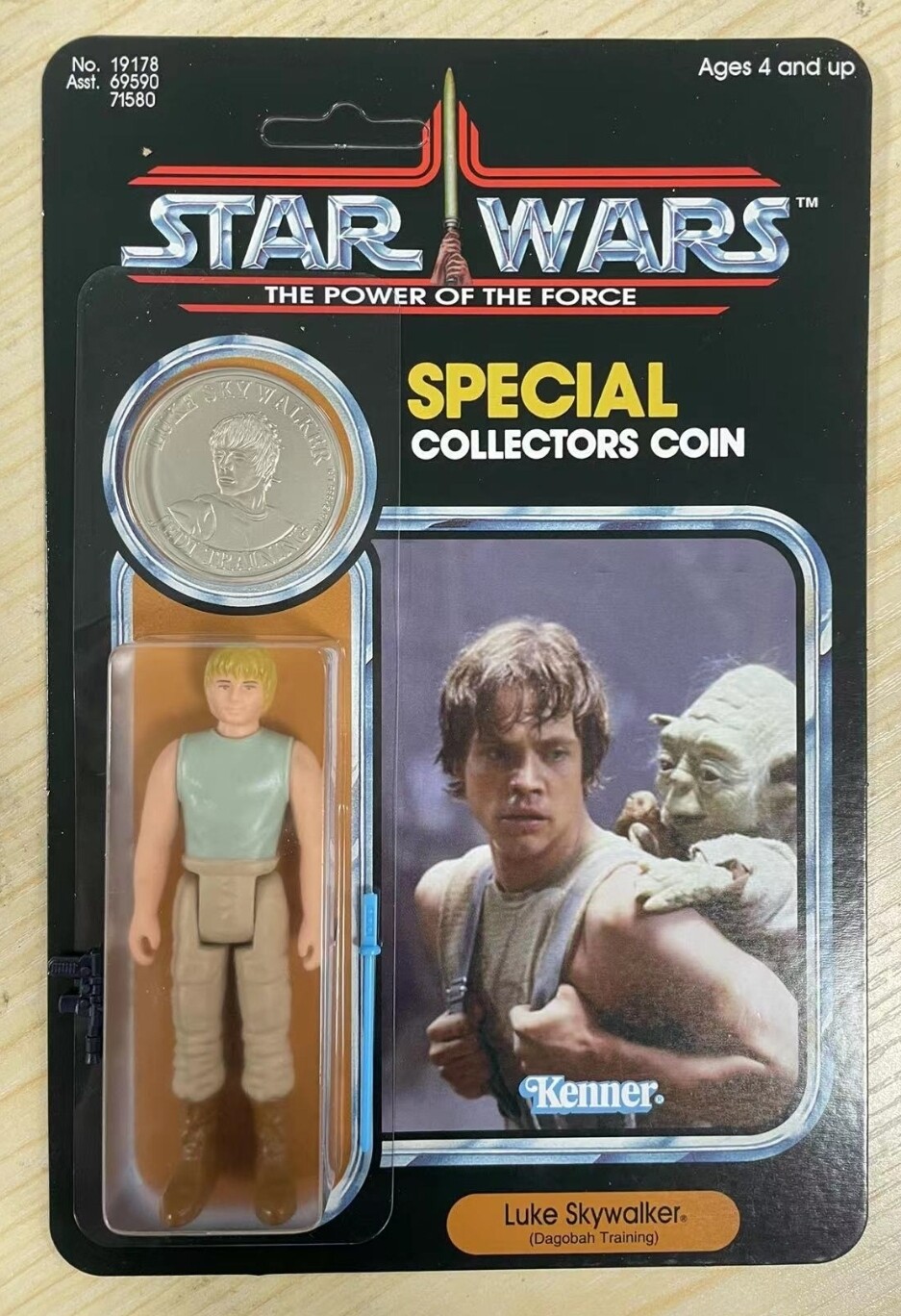 Carded Custom Vintage Style POTF Luke Dagobah with BLUE saber and dark blue rebel blaster