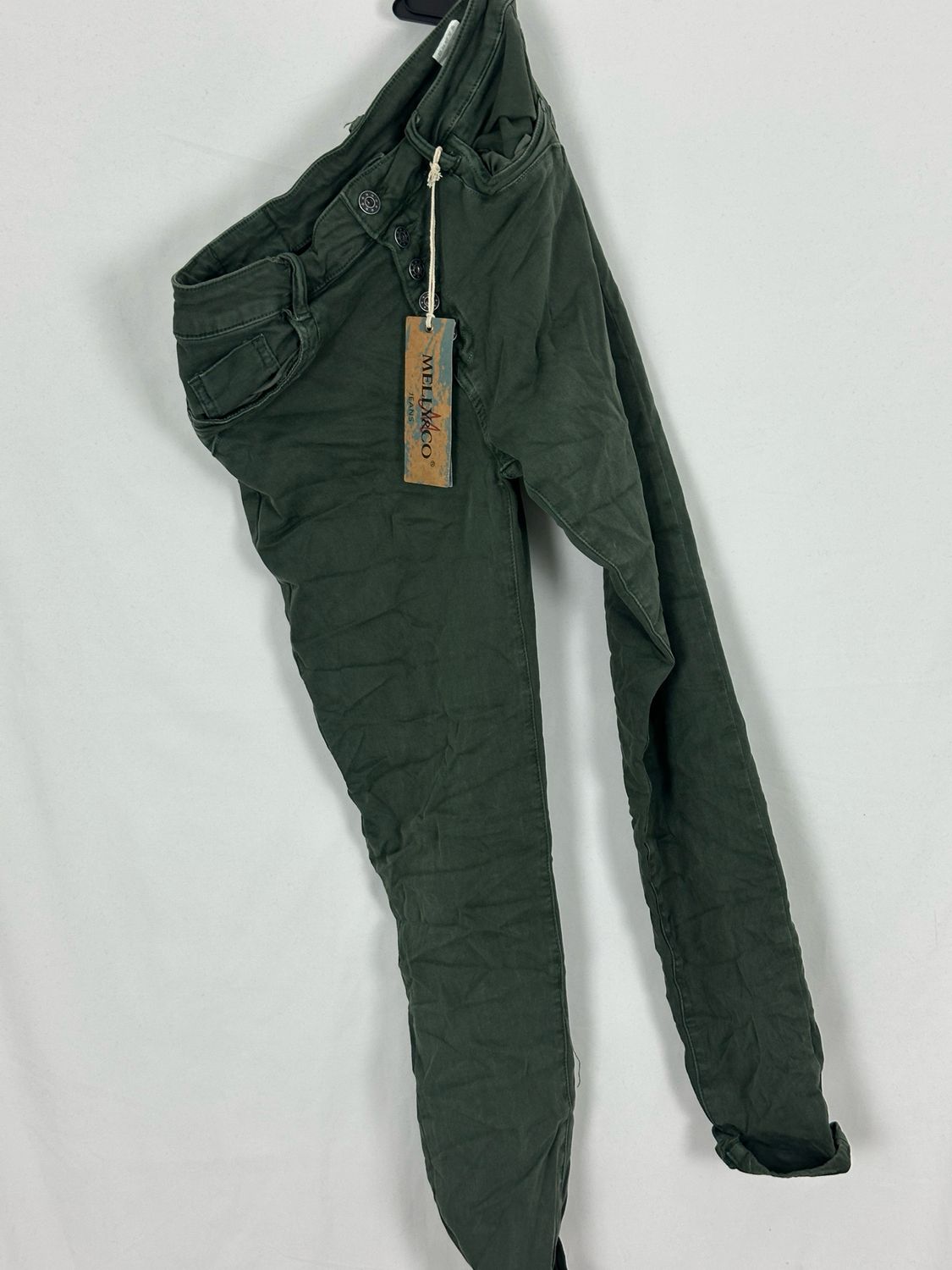 Melly &amp; Co Jeans Hose 5 Knopf S - M Uni, Farben: Jägergrün