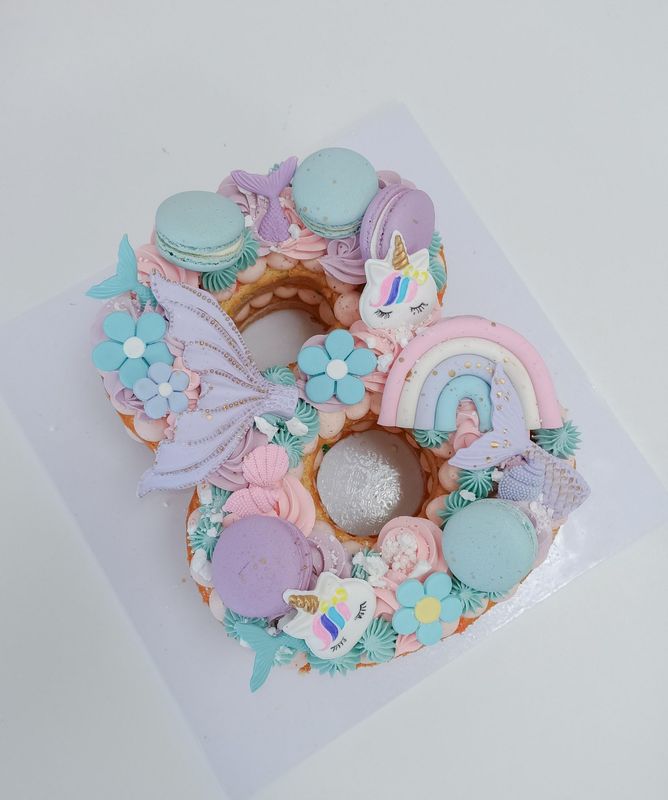 Mermaid and unicorn number cake
