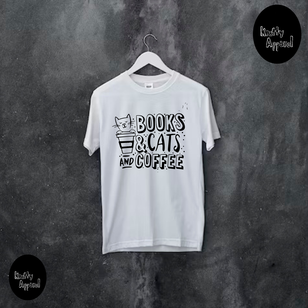 BOOKS CATS &amp; COFFEE CREW NECK LONGLINE T-SHIRT