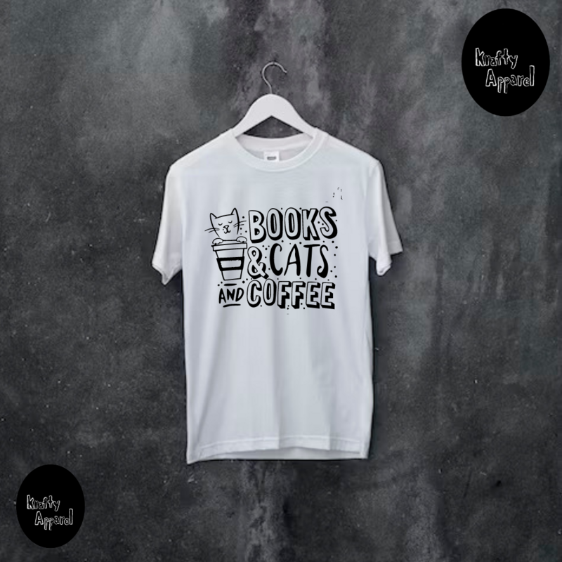 BOOKS CATS &amp; COFFEE CREW NECK LONGLINE T-SHIRT