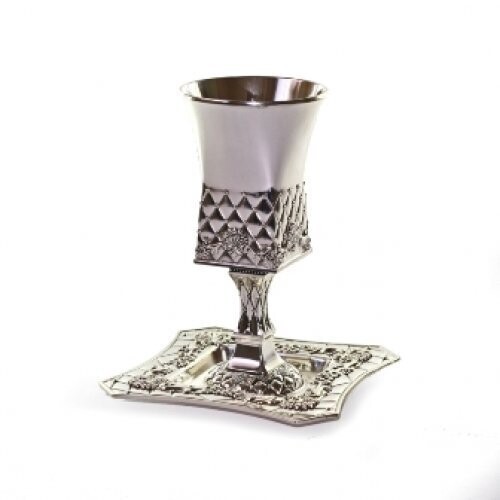 Square Silver plated Kiddush Cup with stem and Tray