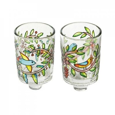 Yair Emanuel Pair of Stained Glass Colors Candle Holders - Birds