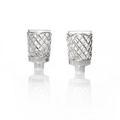 Pair of Glass Oil/Candle Inserts with Silver Plated Criss Cross Design