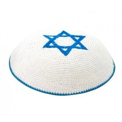 White Knitted Kippah with center Blue Magen David