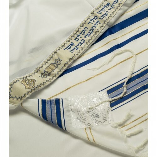 Talitnia Acrylic Tallit Imitation Wool Prayer Shawl - Blue & Gold Stripes