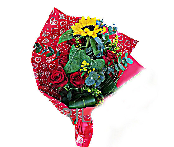 Mazzo con Rose Rosse e  Girasoli