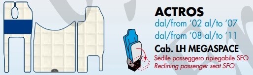 Tappeti Explorer su misura per Mercedes Actros dal 2002 al 2011 Cab. LH Megaspace  con sedile passeggero ripiegabile SFO