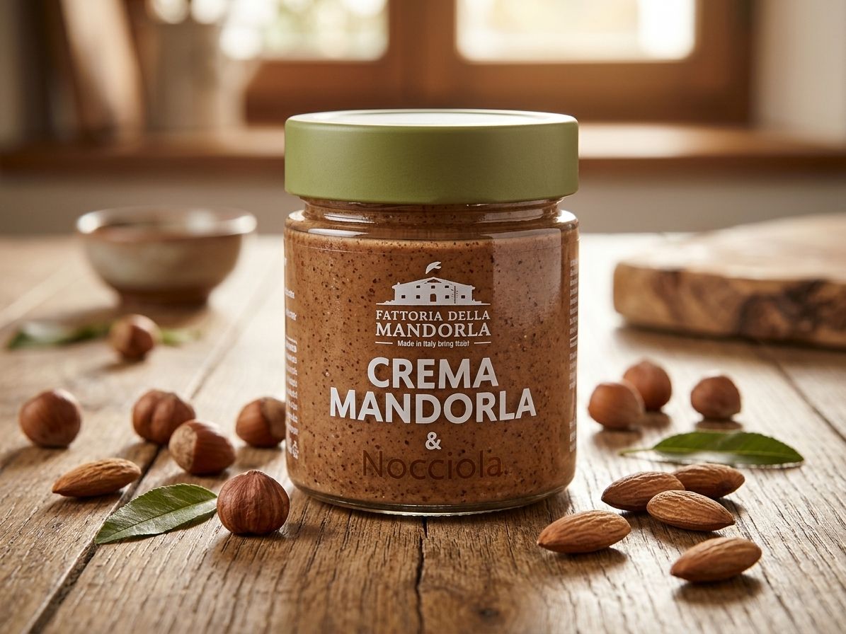 "Fattoria della mandorla" Crema mandorla e nocciola senza zuccheri aggiunti. "Fattoria della mandorla" Crema mandorla e nocciola senza zuccheri aggiunti.
