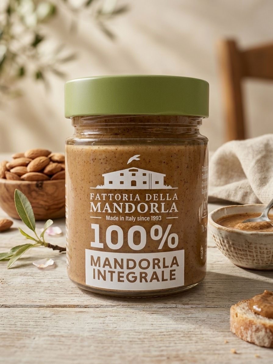 "Fattoria della mandorla"  Crema 100% mandorla integrale senza uccheri aggiunti conf. da 200g senza glutine e lattosio.