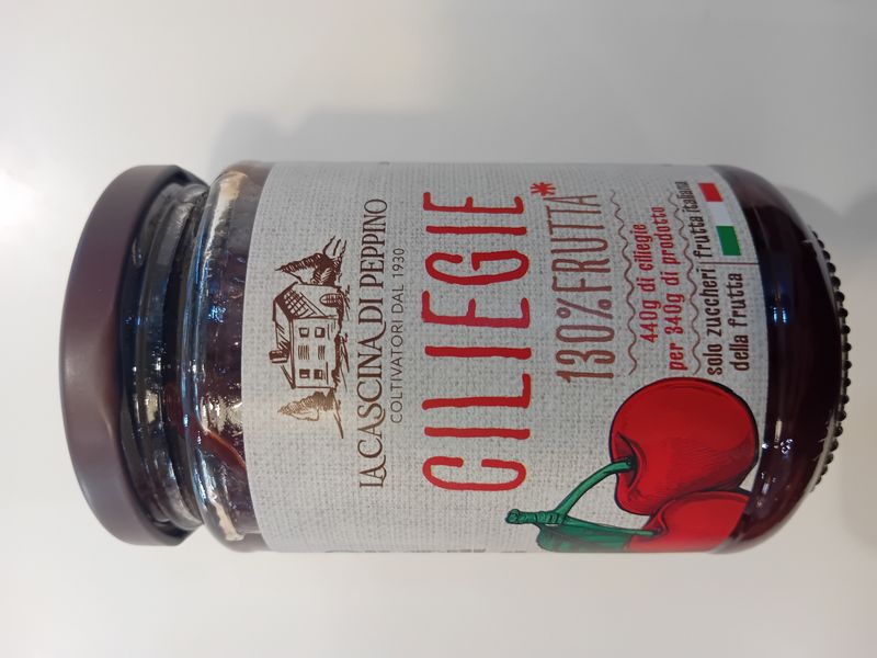 "La cascina di peppino" preparato di ciliegie 130% frutta con solo zuccheri della frutta. Prodotto italiano conf da 340g