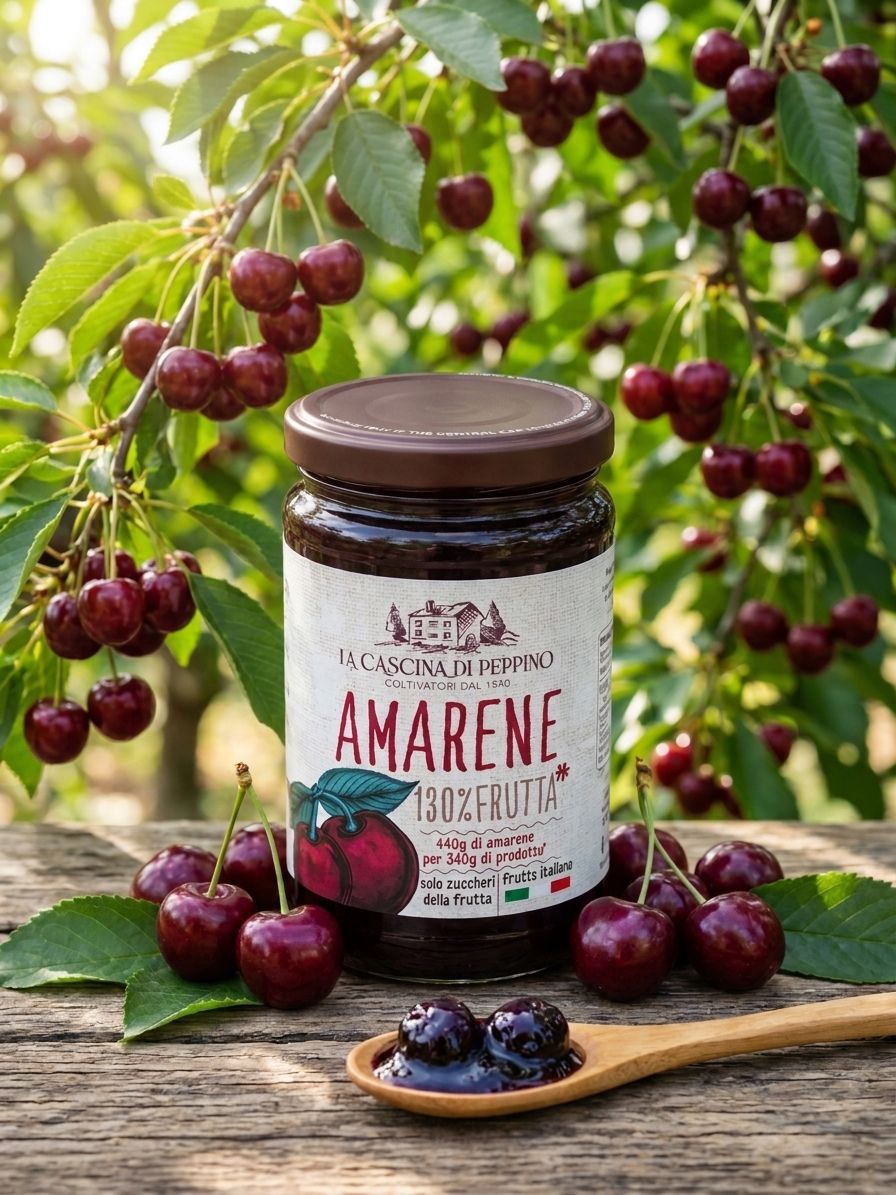 "Cascina di peppino" Preparato di amarene 130% frutta senza zuccheri aggiunti. "Cascina di peppino" Preparato di amarene 130% frutta senza zuccheri aggiunti.