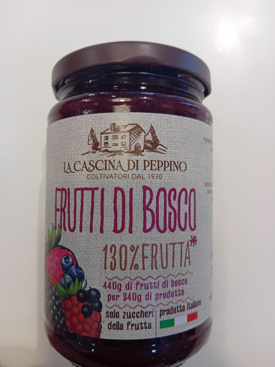 "La cascina di peppino" preparato di frutti di bosco prodotto con soli zuccheri della frutta 130% frutta prodotto italiano conf da 340g