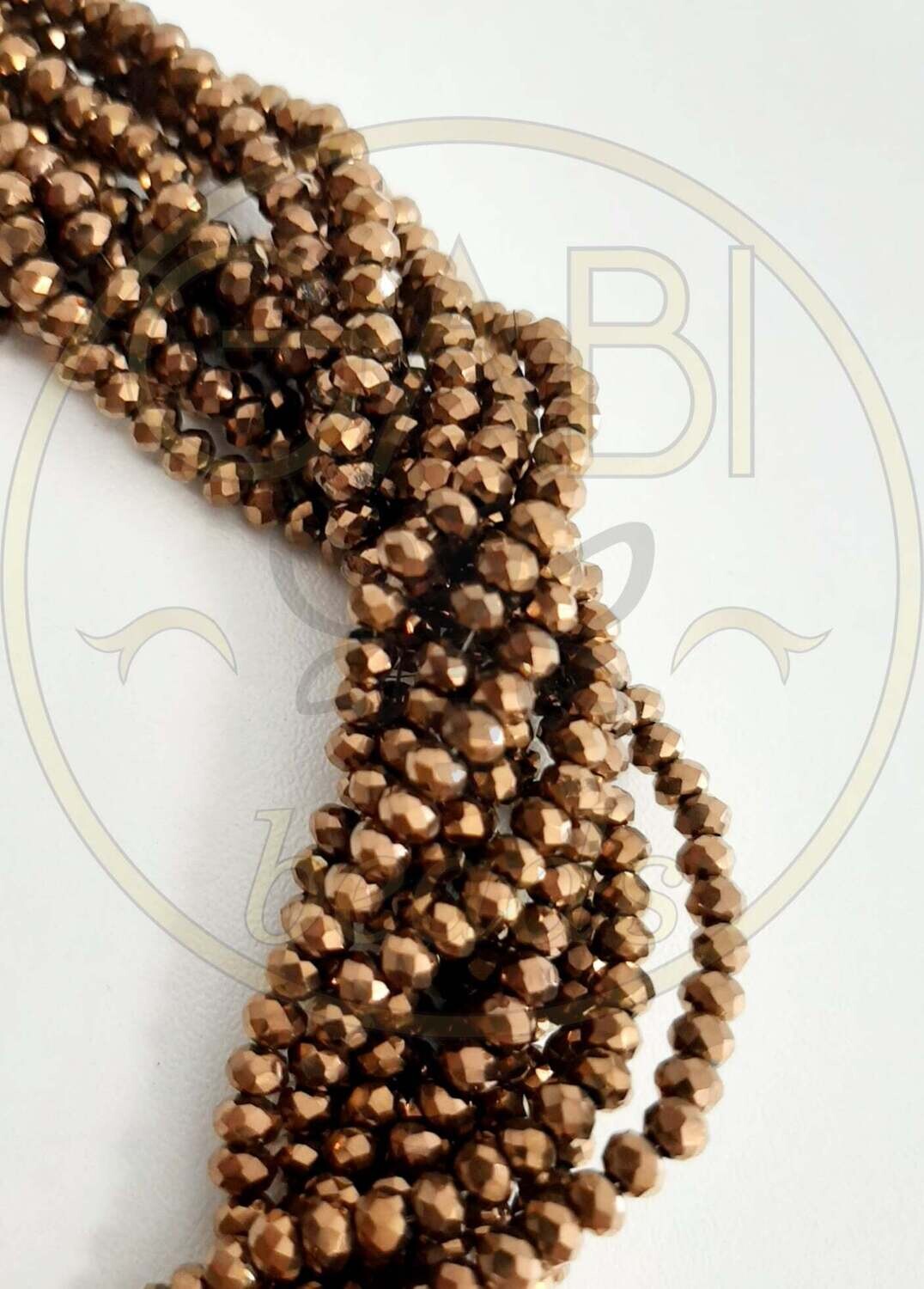 Stiklo kristalai, briaunuoti, rondelės forma, bronzinės spalvos, 3x2mm 42cm juosta