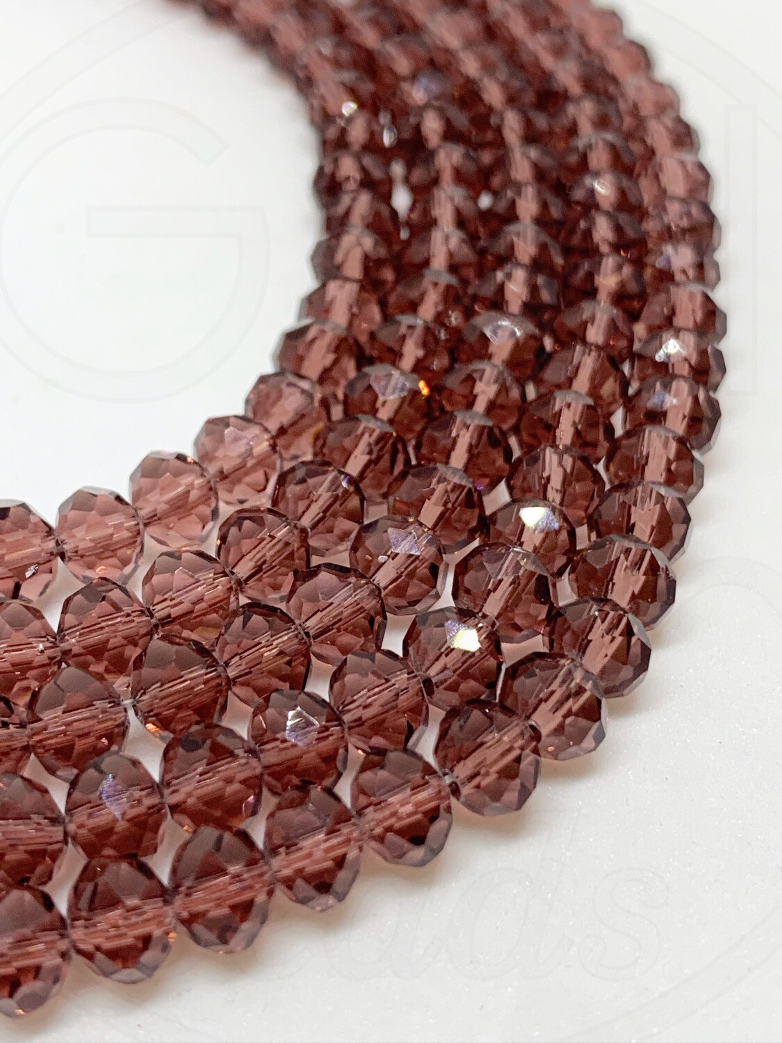 Stiklo kristalai, briaunuoti,  rondelės forma, bordo spalvos, 10x8mm 54cm juosta
