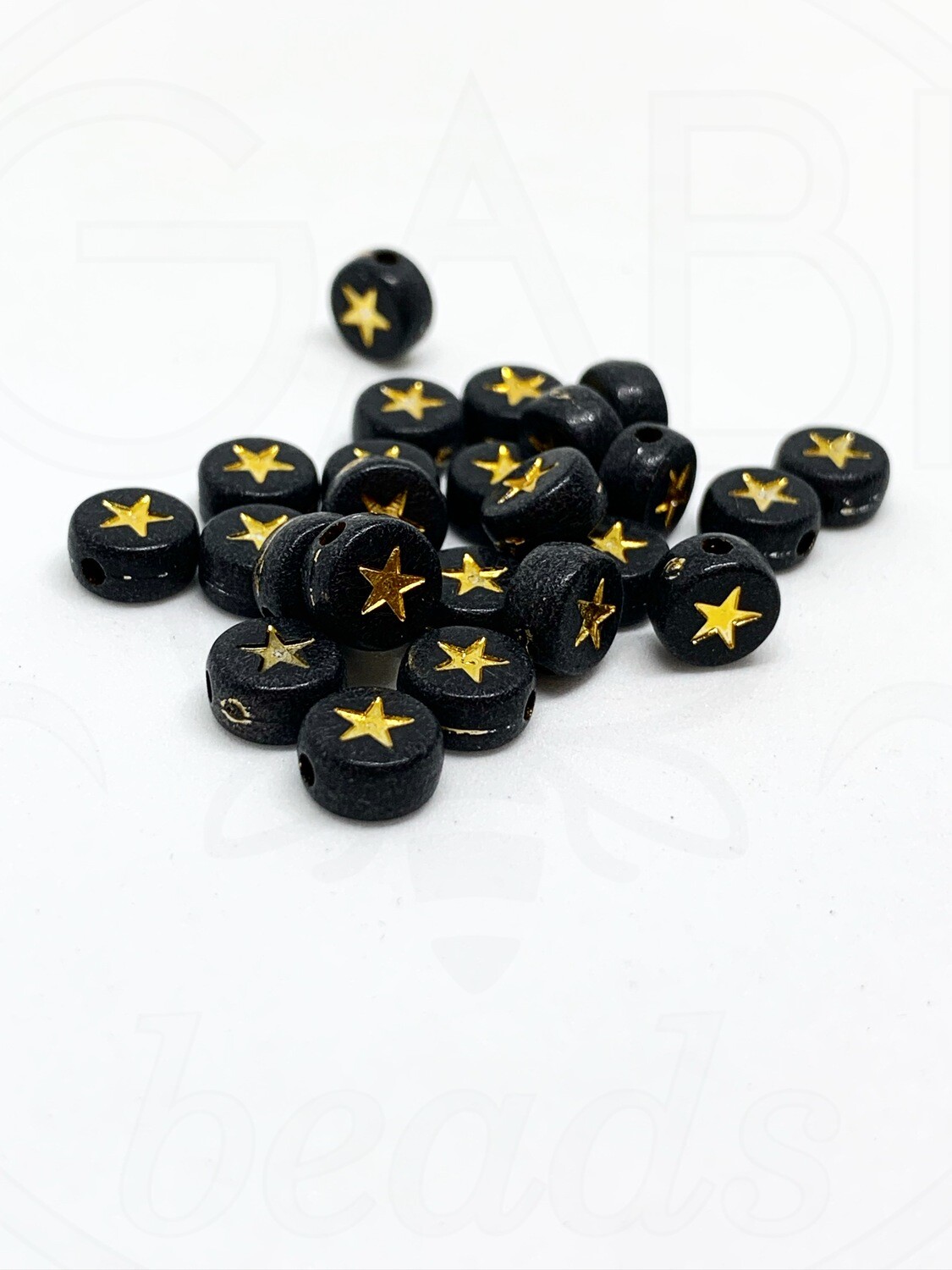 Plastikiniai karoliukai, žvaigždės,  7x7x4mm, juodos, aukso spalvos, 20vnt
