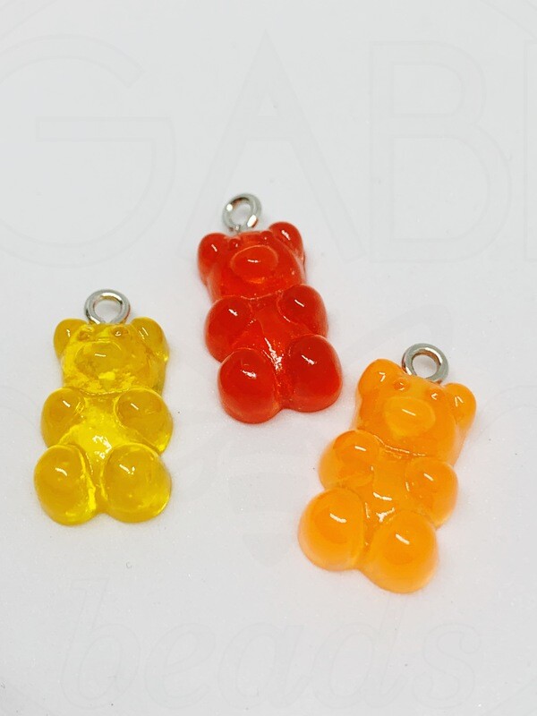Plastikiniai pakabukai, meškiukai,  20.5~22.5x11.5x7mm, oranžinės, geltonos, raudonos spalvos, 3vnt